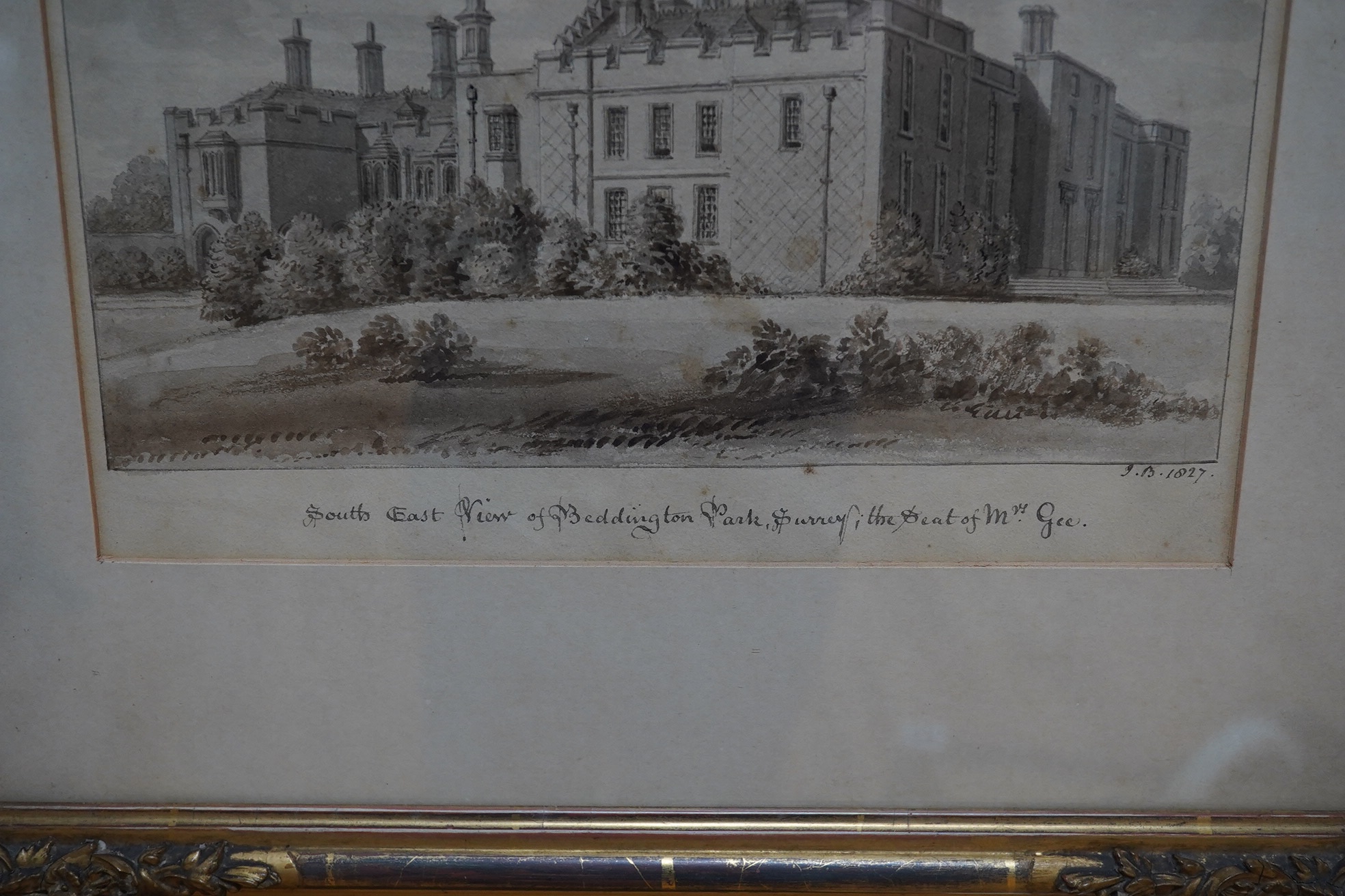 J.B., en grisaille watercolour, 'South East View of Beddington Park, Surrey', initialled and dated 1827, 19 x 26cm, gilt frame. Condition - fair